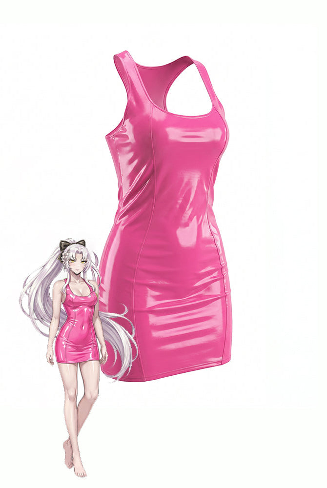 Pink patent racerback mini dress, sleeveless scoop neck, glossy PVC look