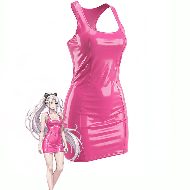 Pink patent racerback mini dress, sleeveless scoop neck, glossy PVC look