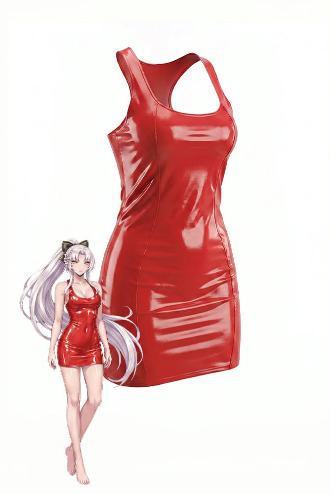 Red patent racerback mini dress, sleeveless scoop neck, glossy PVC look