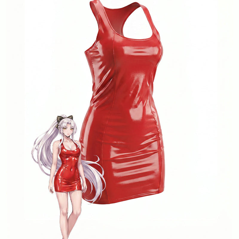 Red patent racerback mini dress, sleeveless scoop neck, glossy PVC look