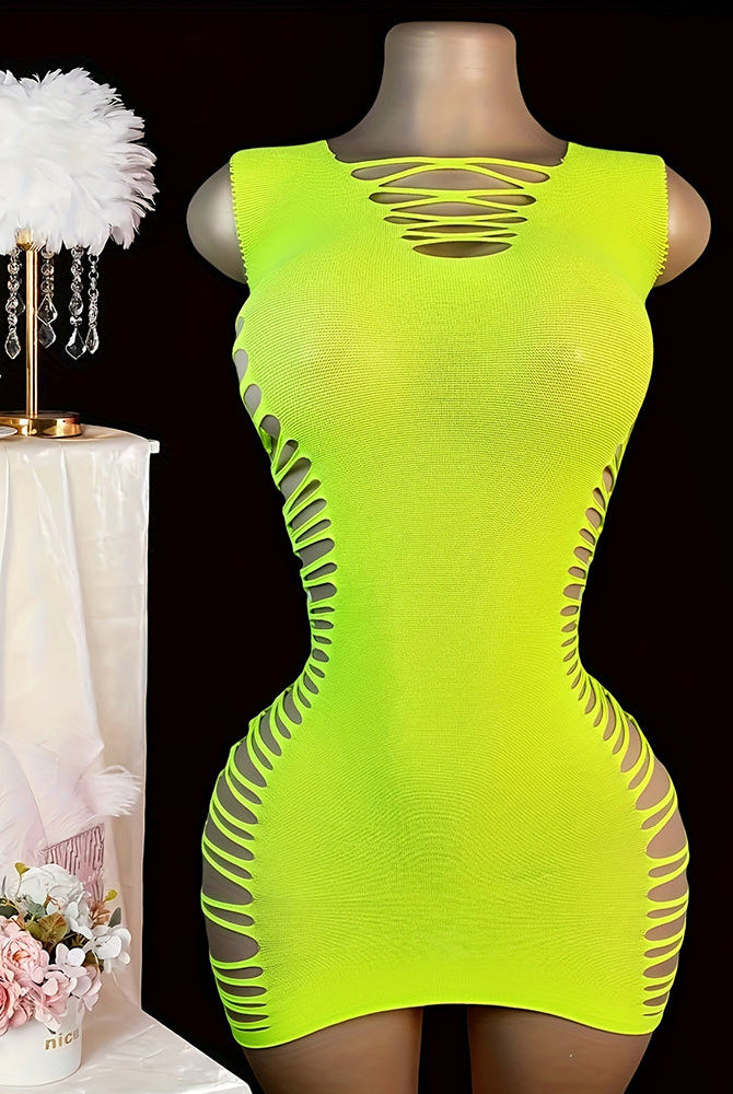 Neon green bodycon mini dress with cut-out lace-up V front and side lace-up cutouts