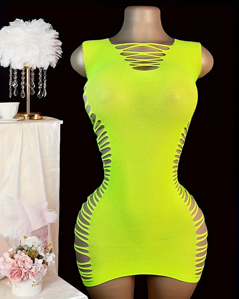 Neon green bodycon mini dress with lace-up cutouts and side slit detail