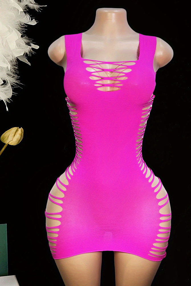 Hot pink bodycon mini dress with cut-out lace-up V front and side lace-up cutouts