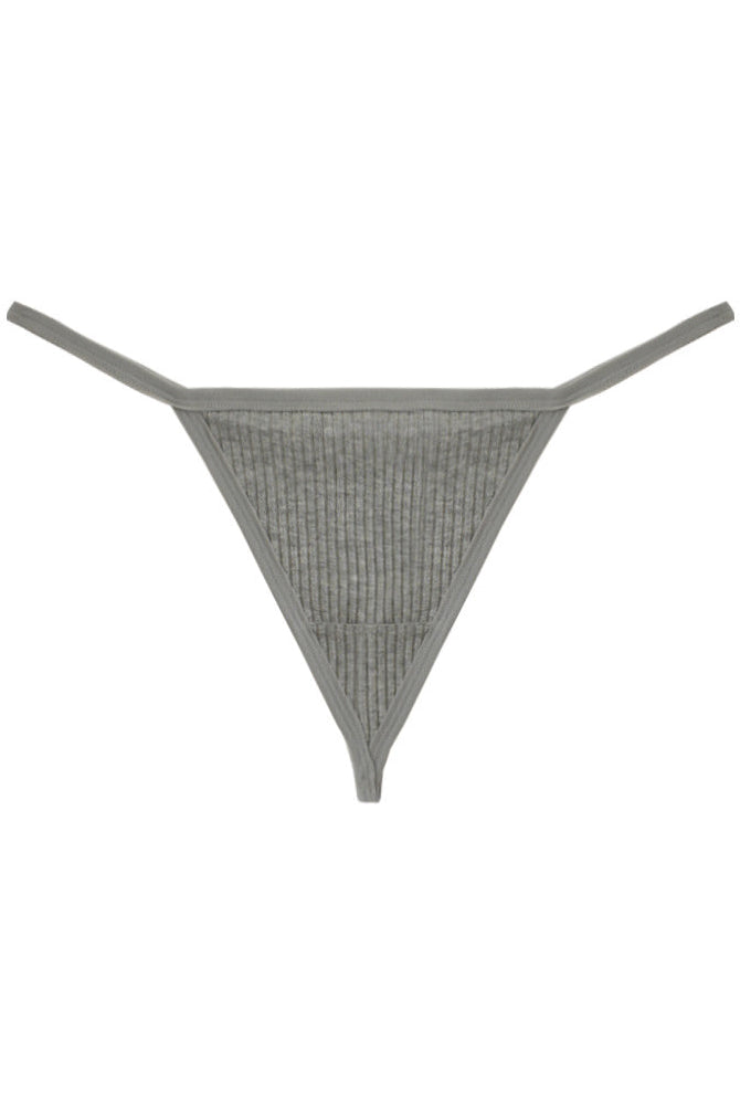 Gray ribbed micro G-string thong with V-front and minimal back coverage