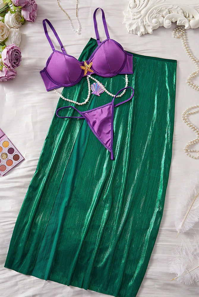 Violet bra, purple thong, and green satin mermaid skirt set with gold starfish and pearl chain