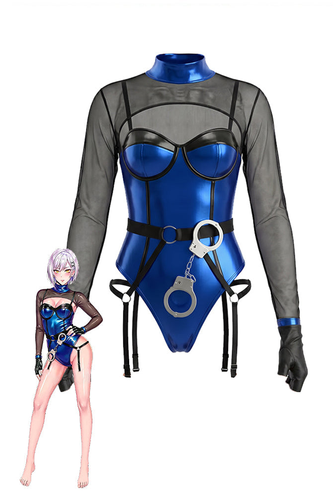 Blue metallic PVC mesh bodysuit with black long sleeves, garter straps, handcuff accessories