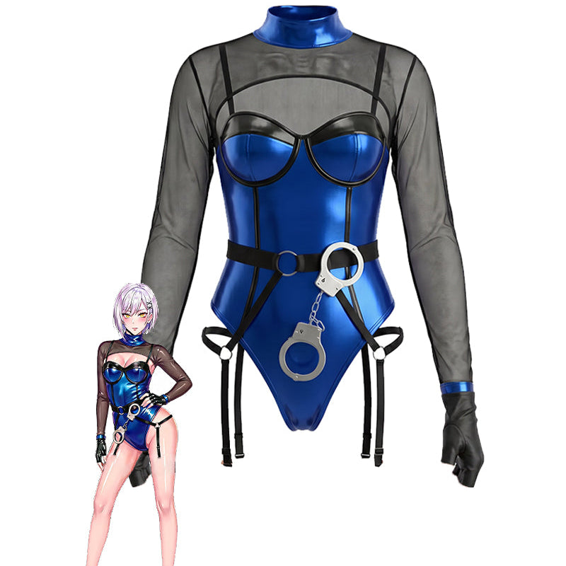 Blue metallic PVC mesh bodysuit with black long sleeves, garter straps, handcuff accessories
