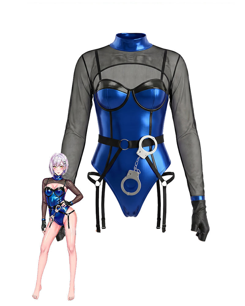 Blue metallic PVC mesh bodysuit with black long sleeves, garter straps, handcuff accessories