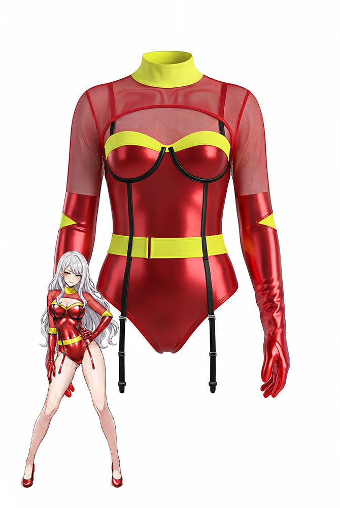 Red metallic PVC mesh long-sleeve bodysuit with garter straps and long gloves
