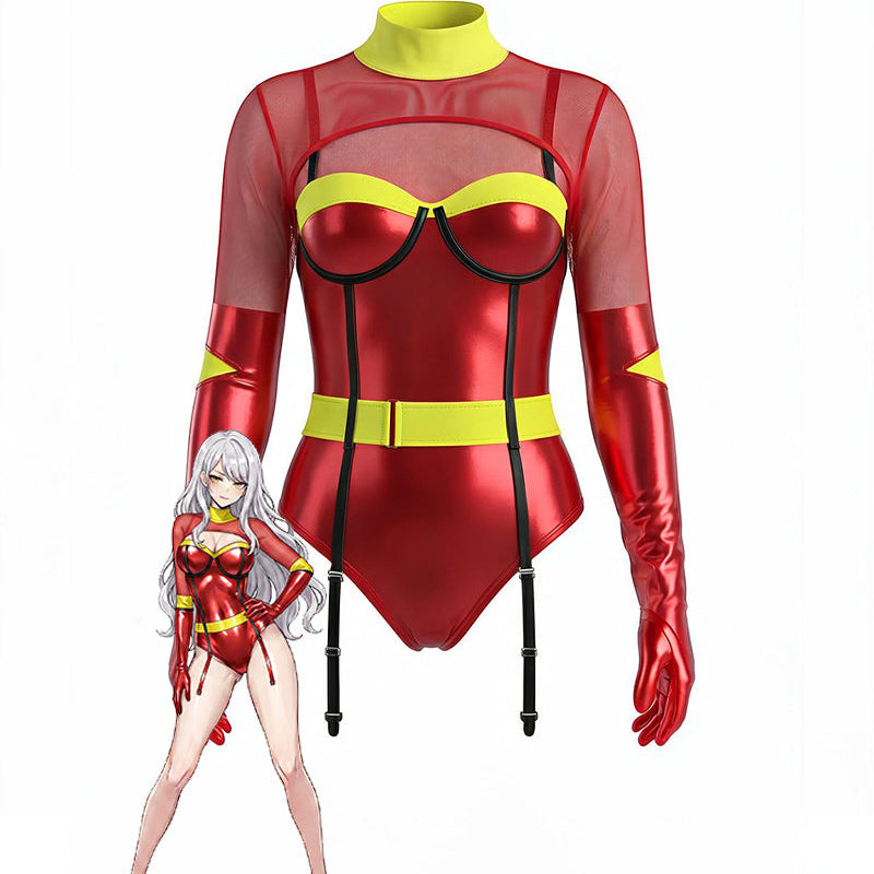 Red metallic PVC mesh long-sleeve bodysuit with garter straps and long gloves