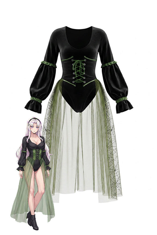 Black velvet lace-up corset bodysuit with puff sleeves, green eyelet lacing, tulle skirt