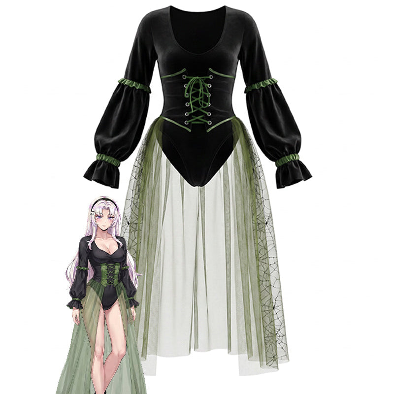 Black velvet lace-up corset bodysuit with puff sleeves, green eyelet lacing, tulle skirt