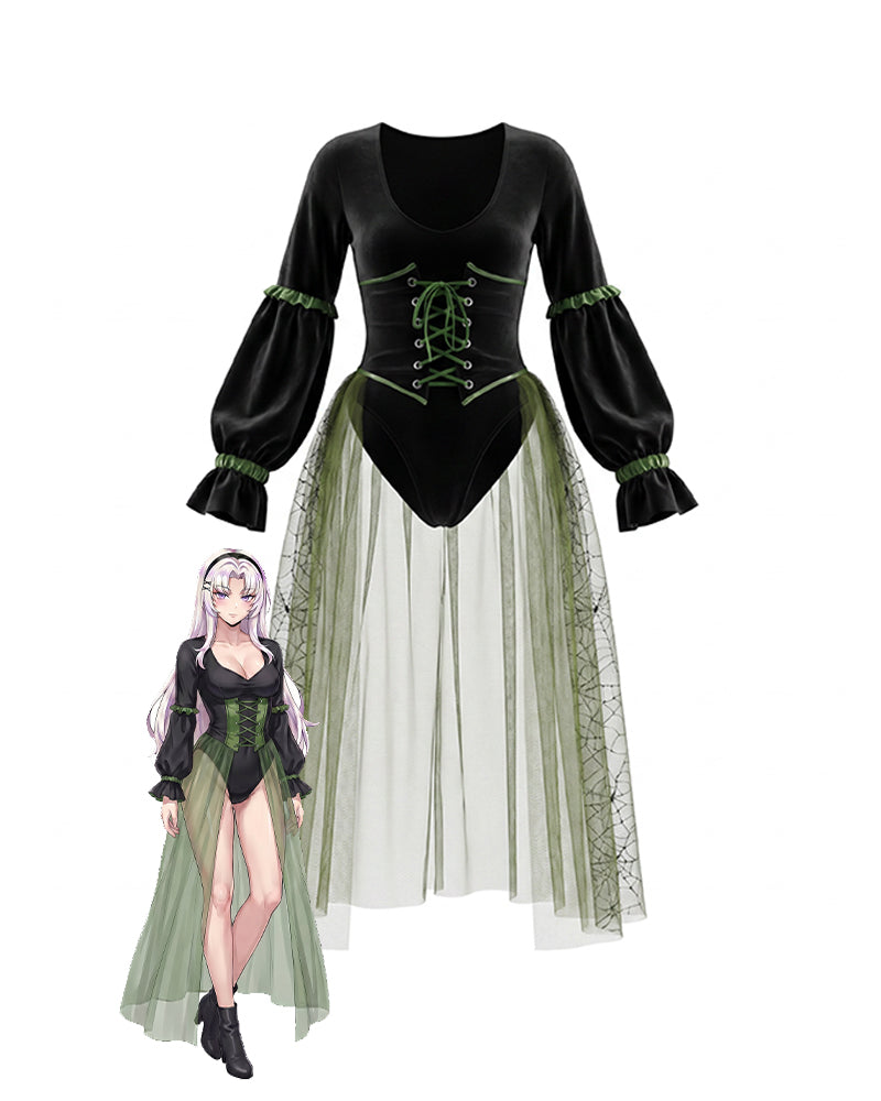 Black velvet lace-up corset bodysuit with puff sleeves, green eyelet lacing, tulle skirt