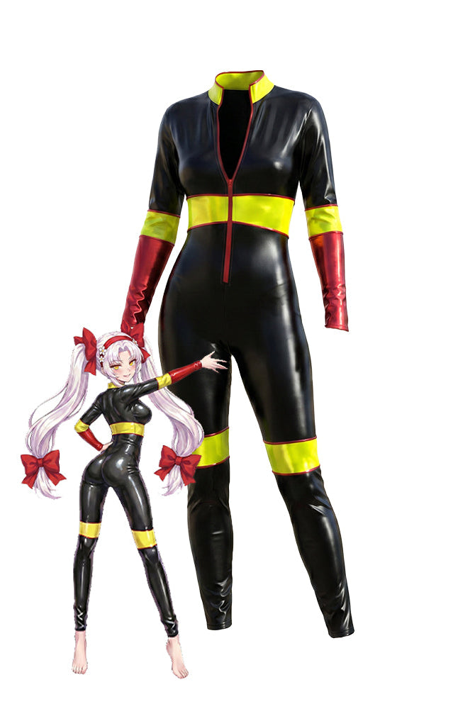 Black PVC racing catsuit with long sleeves, front zipper, neon yellow trim and red accents.