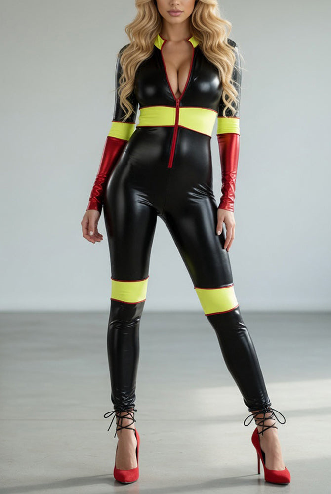 Black PVC racing catsuit with long sleeves, front zipper, neon yellow trim at chest and legs.