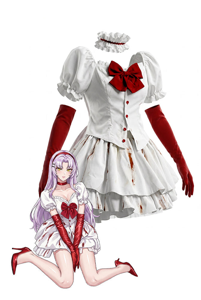 Gothic lolita set with white puff-sleeve top, red bow, ruffled skirt, red accents