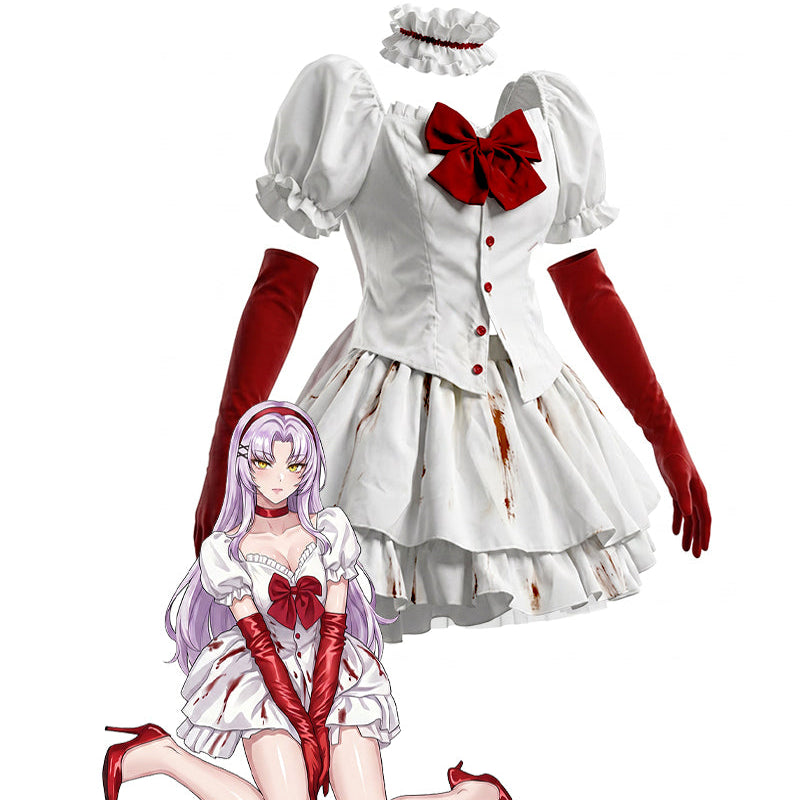 Gothic lolita set with white puff-sleeve top, red bow, ruffled skirt, red accents