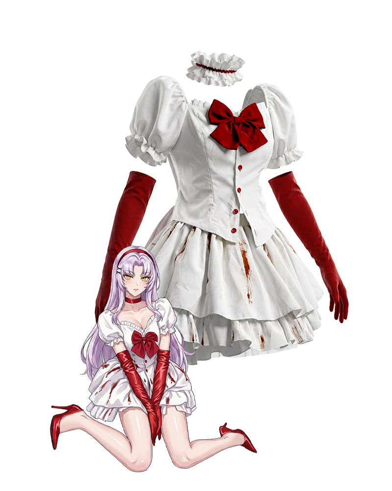 Gothic lolita set with white puff-sleeve top, red bow, ruffled skirt, red accents