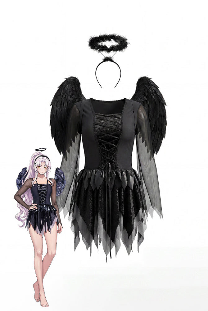Black angel mini dress set with lace-up corset, layered tulle skirt, feather wings