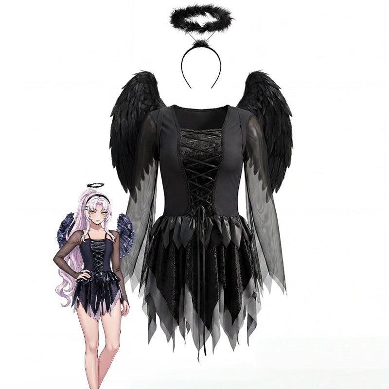 Black angel mini dress set with lace-up corset, layered tulle skirt, feather wings