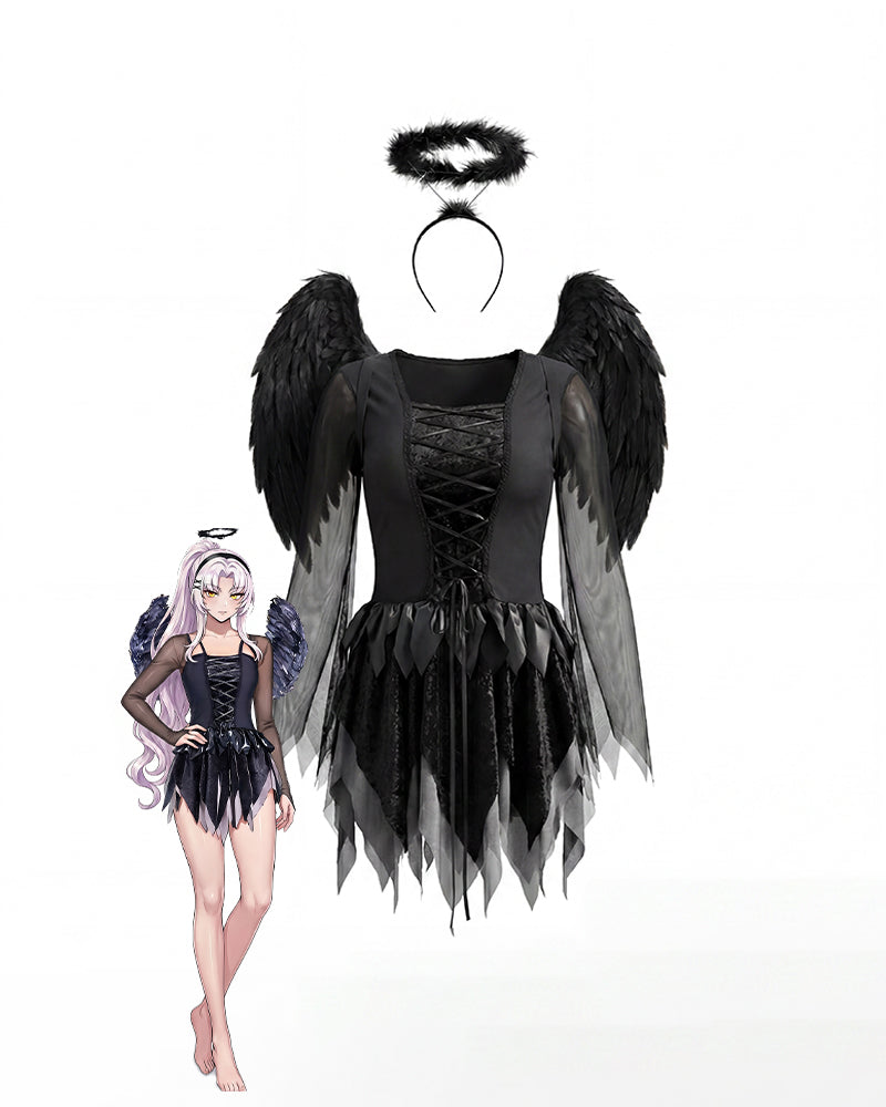 Black angel mini dress set with lace-up corset, layered tulle skirt, feather wings