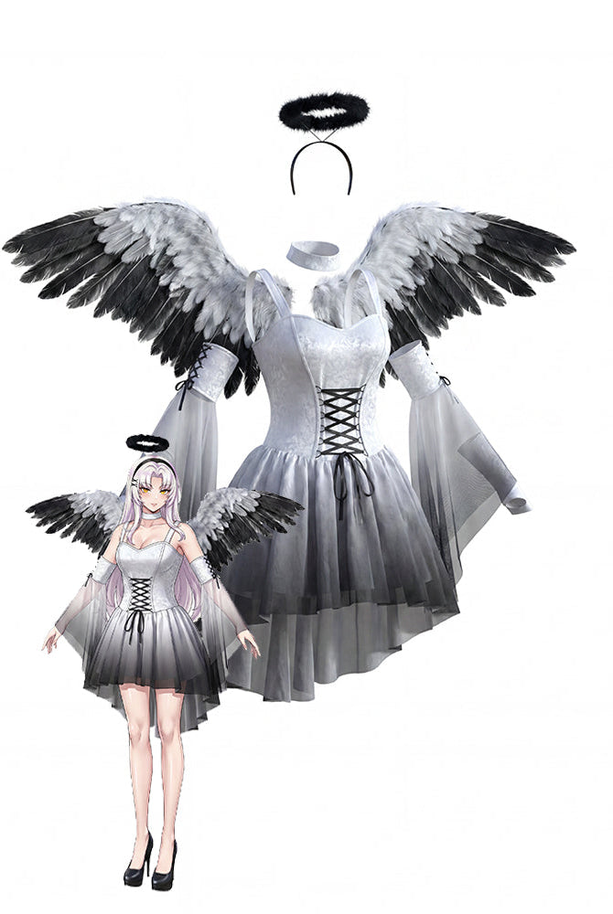 White angel mini dress set with lace-up corset, satin bow waist, feather wings