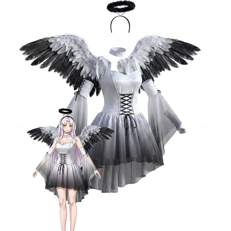 White angel mini dress set with lace-up corset, satin bow waist, feather wings