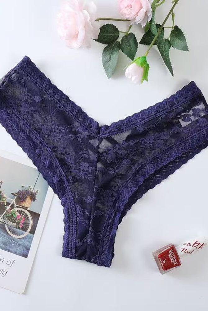 Blue lace mesh low rise thong panties, flat lay with scalloped V-back