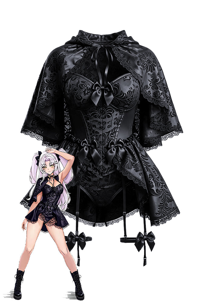 Black corset dress with lace cape and bow accents, gothic 2-piece costume set