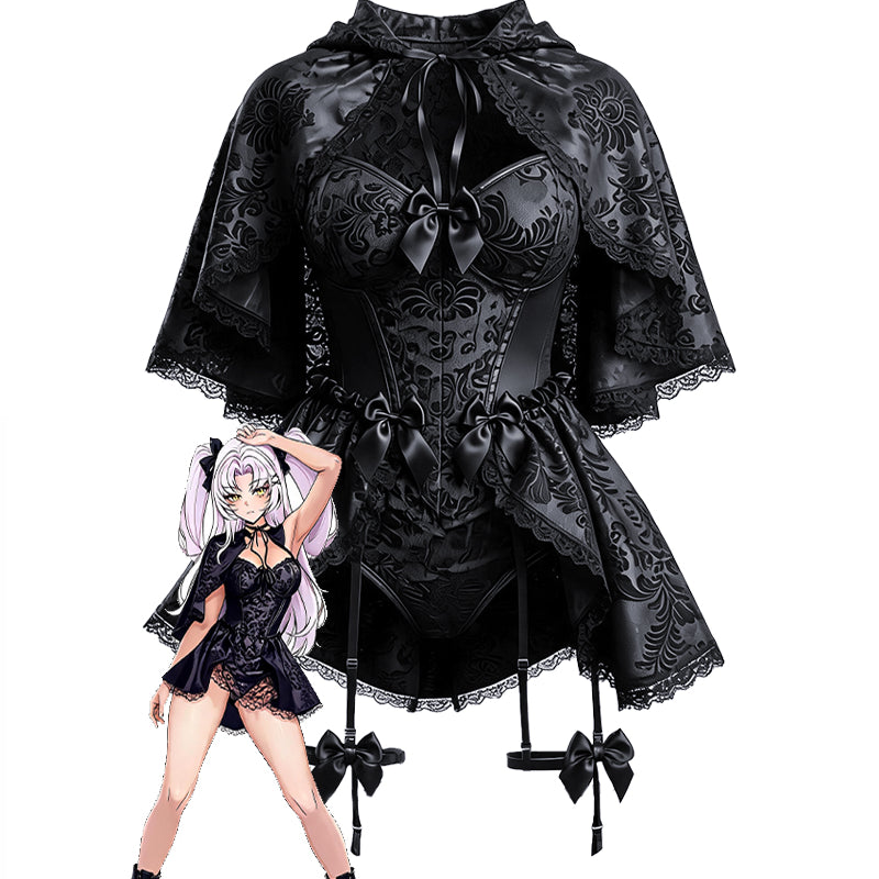 Black corset dress with lace cape and bow accents, gothic 2-piece costume set