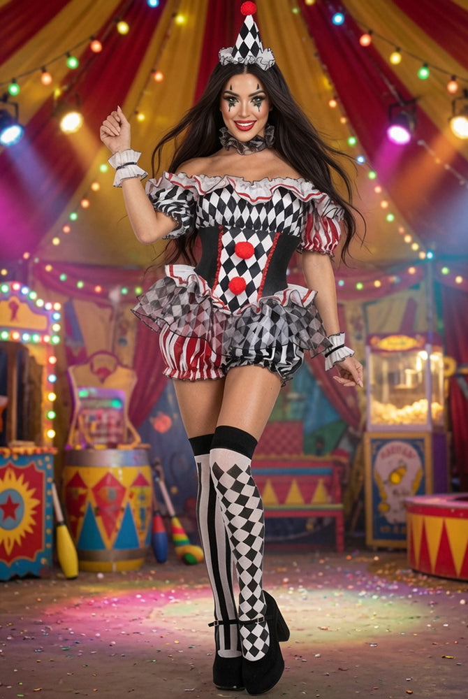 Jester cosplay costume: diamond-print dress, matching hat, and striped stockings