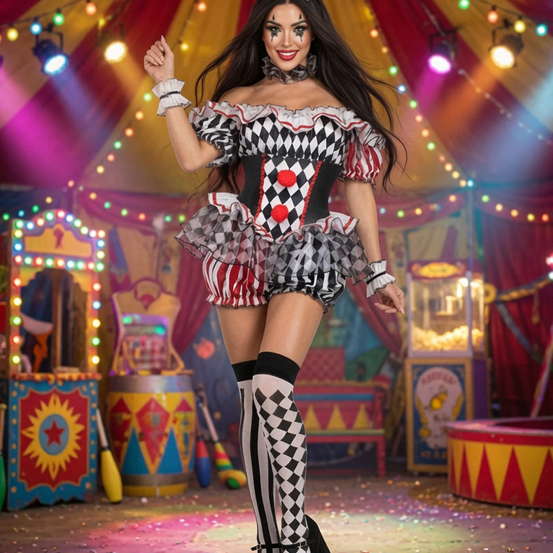 Jester cosplay costume: diamond-print dress, matching hat, and striped stockings