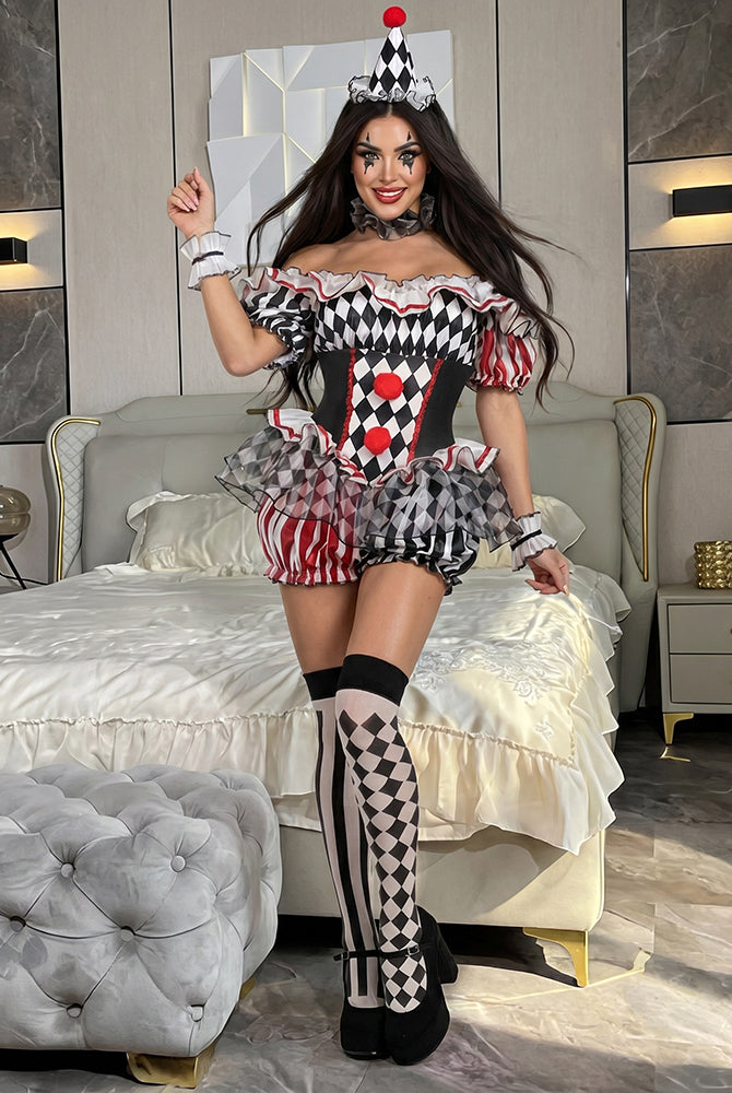 Jester cosplay costume set: diamond-print ruffled mini dress, tall diamond stockings, hat