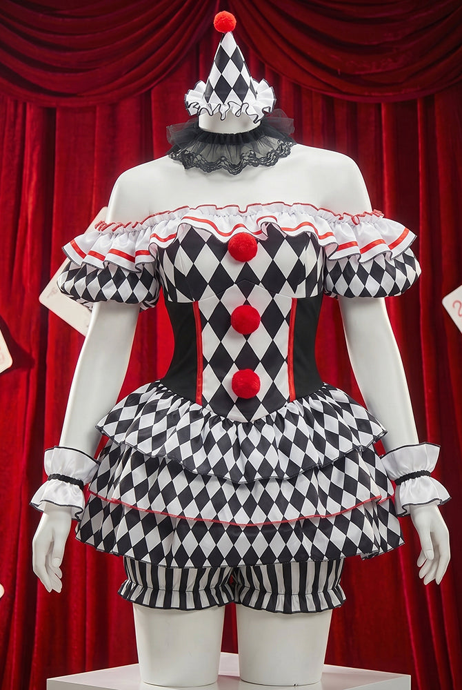 Jester cosplay costume on mannequin: off-shoulder diamond-print dress with hat and striped stockings