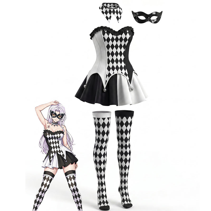 Harlequin checkered corset-style dress with diamond stockings, choker, and mask set