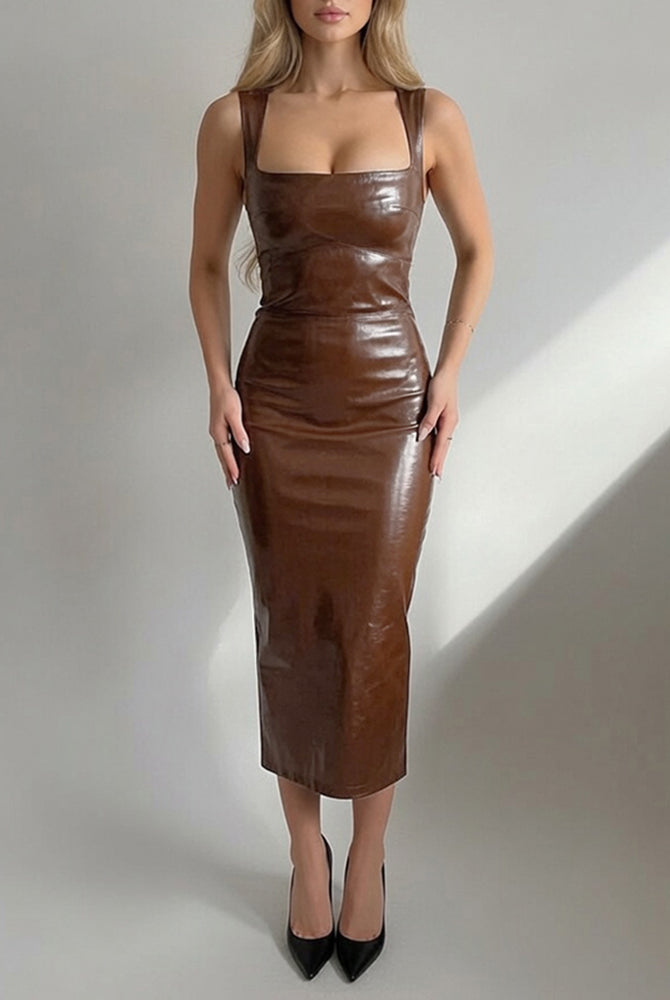 Brown glossy slip dress with deep V neck, spaghetti straps, front view midi