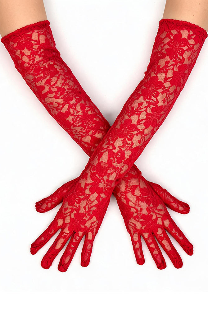 Elbow-length lace gloves in red, floral lace openwork with fingered cuffs