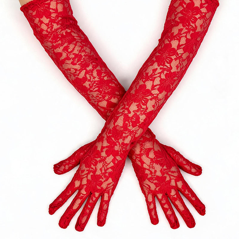 Elbow-length lace gloves in red, floral lace openwork with fingered cuffs