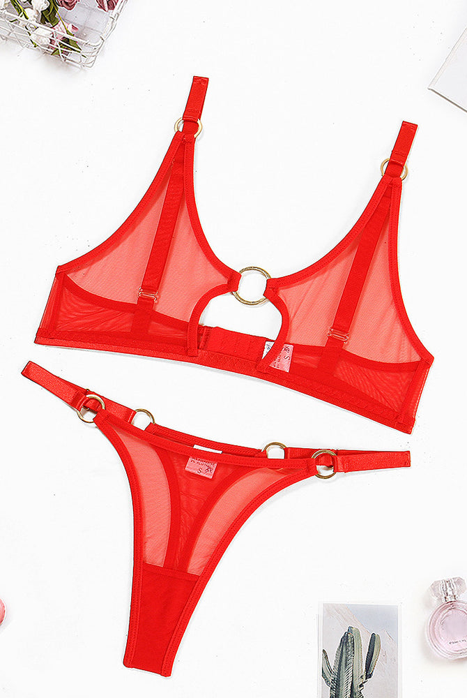 Red sheer mesh lingerie set with triangle bra, O-ring trim, and matching thong
