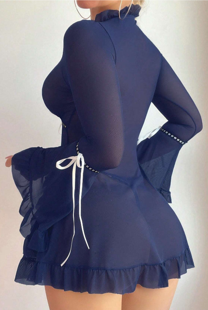 Dark blue sheer mesh long-sleeve babydoll chemise with ruffled hem and tie bows