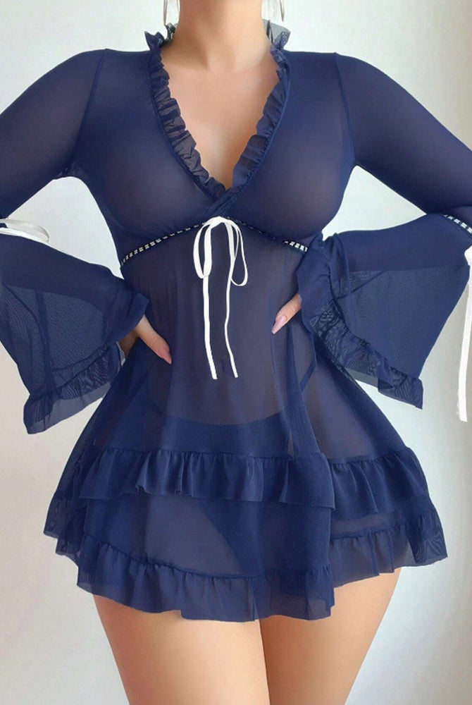 Dark blue ruffled long-sleeve sheer mesh chemise babydoll lingerie with ribbon tie neckline