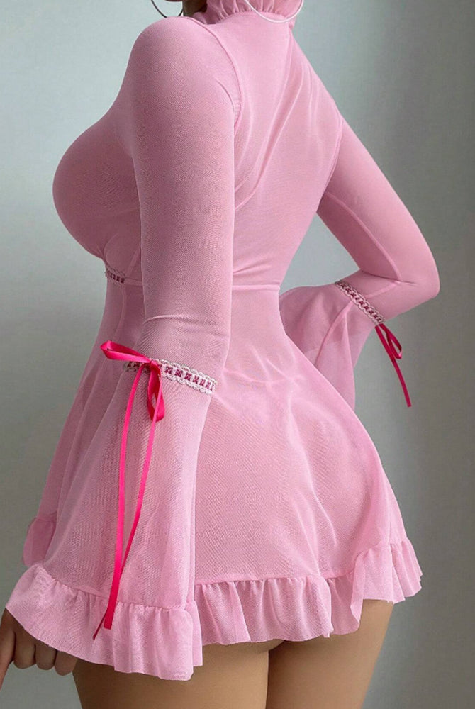 Pink ruffled long-sleeve sheer mesh chemise babydoll lingerie with open back and tie detail
