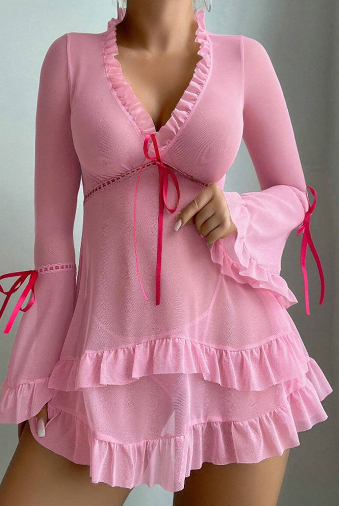 Pink ruffled long-sleeve sheer mesh chemise babydoll lingerie with red tie-front and skirt ruffles