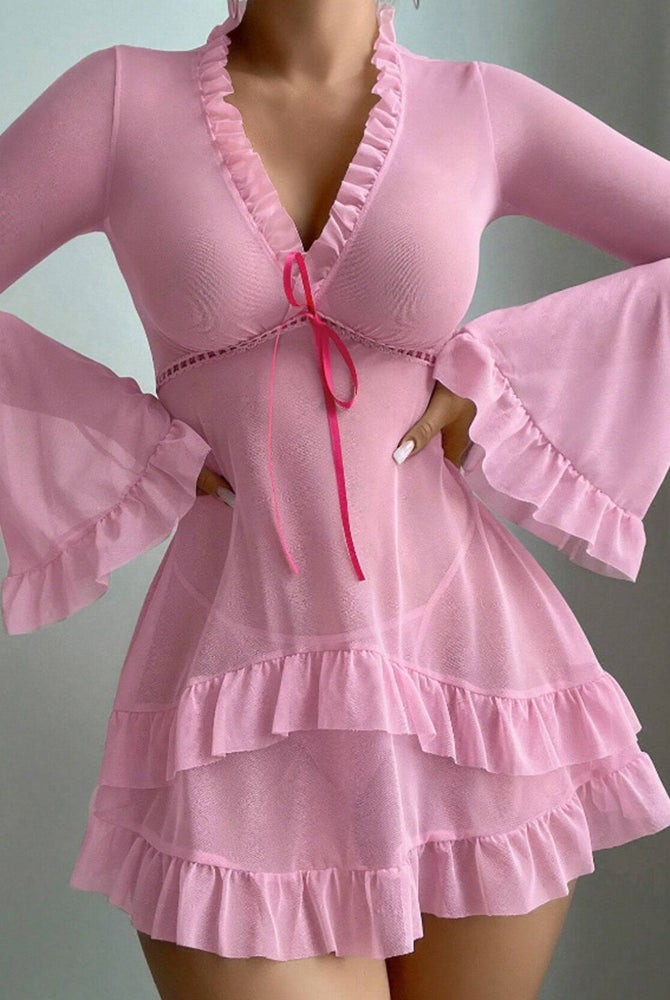 Pink ruffled long-sleeve sheer mesh chemise babydoll lingerie with tie-front and layered skirt