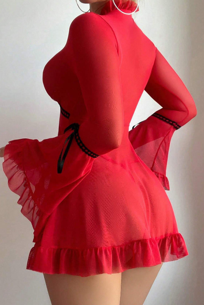 Red sheer mesh long-sleeve babydoll chemise with layered ruffles and tie bow accents