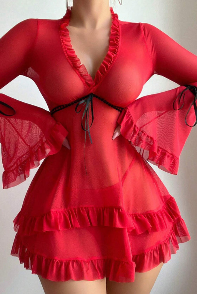 Red ruffled long-sleeve sheer mesh chemise babydoll lingerie with ribbon tie front and ruffled skirt
