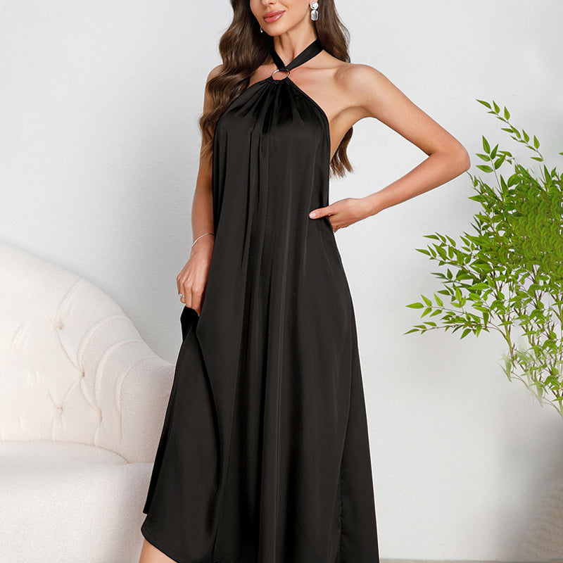 Black satin halter slip dress with O-ring detail and open back, mid-calf length