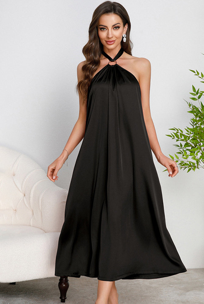 Black satin halter slip dress with O-ring neckline and flowing skirt, mid-calf