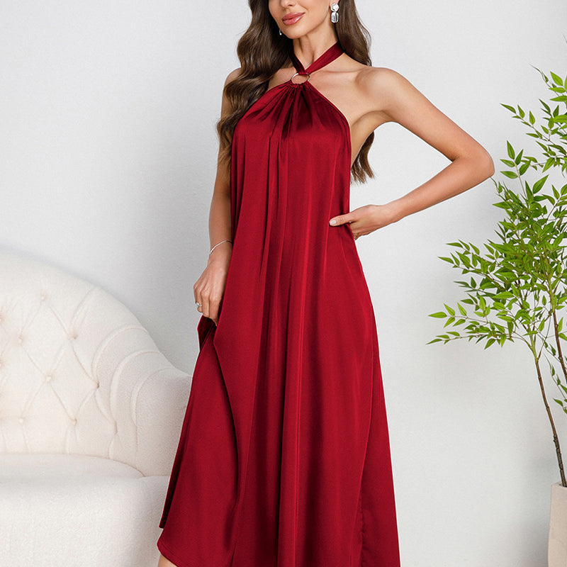 Red satin halter slip dress with O-ring neckline and open back, mid-calf length