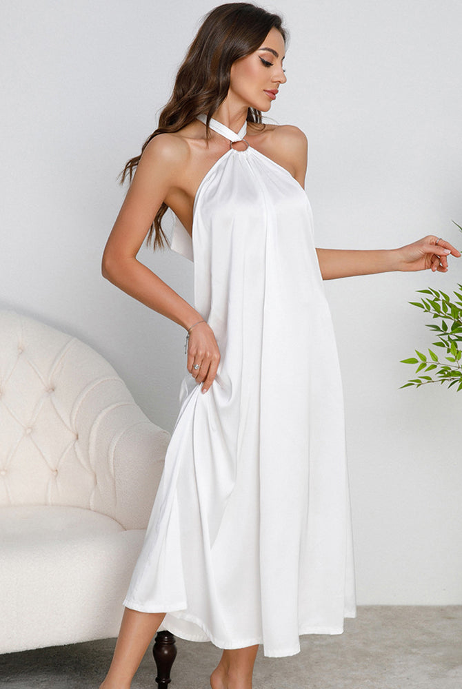 White satin halter slip nightgown with O-ring neckline and open back, mid-calf